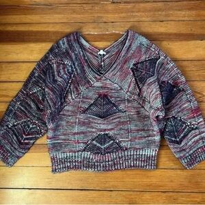 Chic V-Neck Sweater in Red and Gray Tones